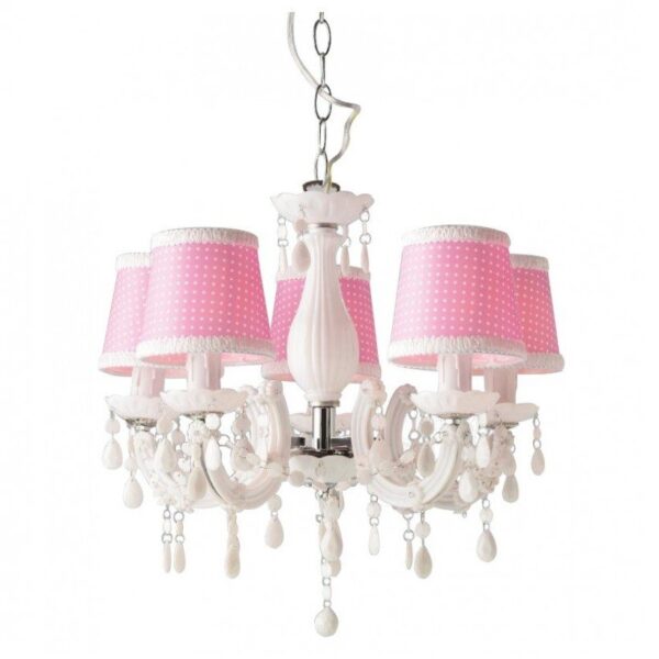 ACA Lighting Παιδικός Κρεμαστός Πολυέλαιος Ακρυλικός με Ροζ Πουά Υφασμάτινα Καπέλα Πεντάφωτος