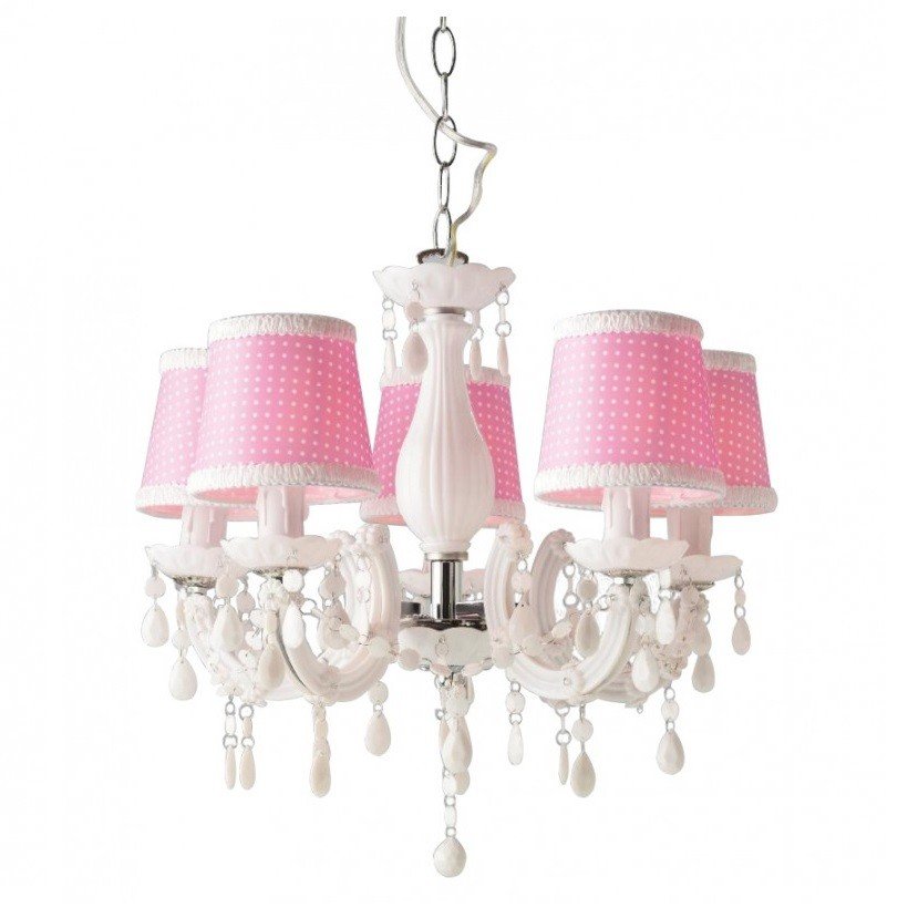 ACA Lighting Παιδικός Κρεμαστός Πολυέλαιος Ακρυλικός με Ροζ Πουά Υφασμάτινα Καπέλα Πεντάφωτος
